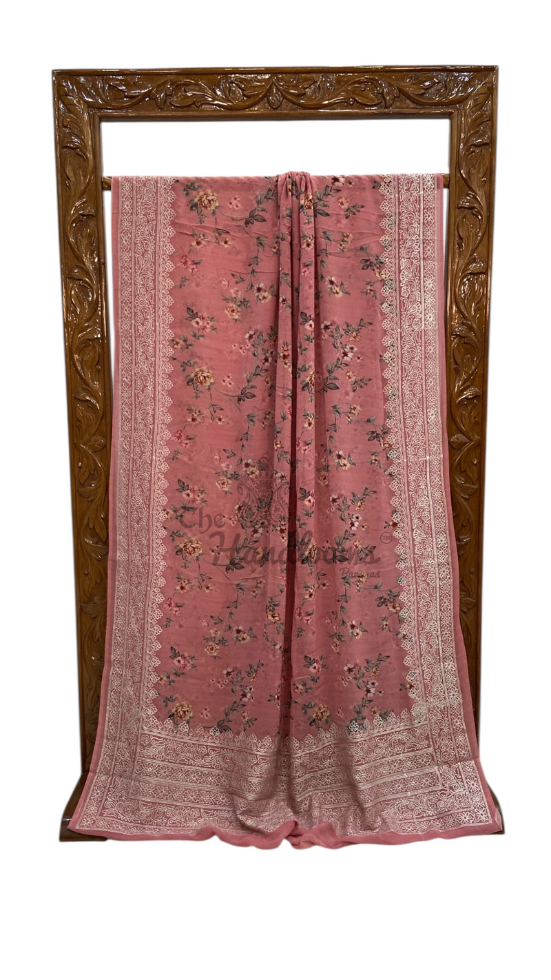 Pure Georgette Handloom Banarasi Saree - Digital Print With Chikankari