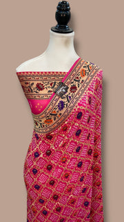 Pure Georgette Banarasi Bandhej Handloom Saree - Meenakari - The Handlooms