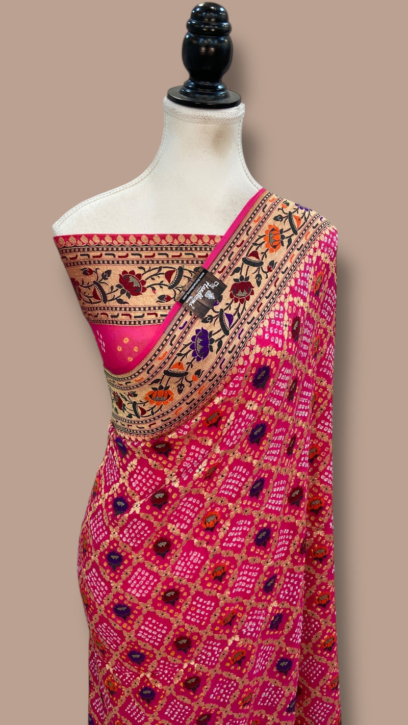 Pure Georgette Banarasi Bandhej Handloom Saree - Meenakari - The Handlooms