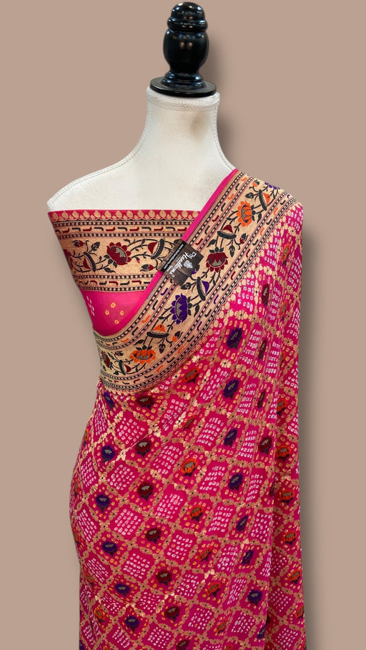 Pure Georgette Banarasi Bandhej Handloom Saree - Meenakari - The Handlooms