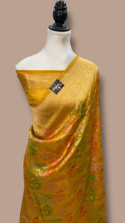 Multicolor Pure Katan Silk Banarasi Handloom Saree - All over Jaal Work With Rangkart - The Handlooms
