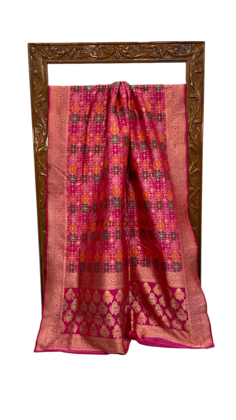 Multicolor Pure Katan Silk Banarasi Handloom Saree - All over Jaal Work With Rangkart - The Handlooms
