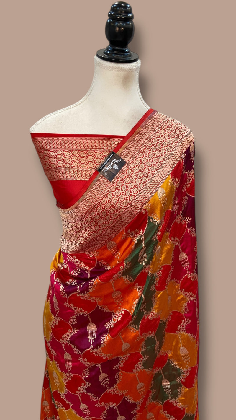 Multicolor Pure Katan Silk Banarasi Handloom Saree - All over Jaal Work With Rangkart - The Handlooms