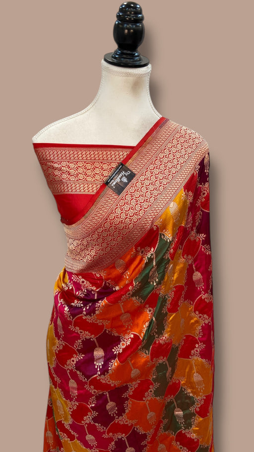 Multicolor Pure Katan Silk Banarasi Handloom Saree - All over Jaal Work With Rangkart - The Handlooms