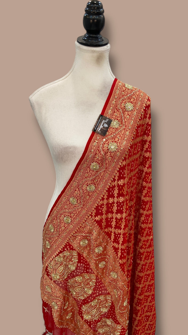 Pure Georgette Banarasi Bandhej Handloom Dupatta With Handwork - The Handlooms