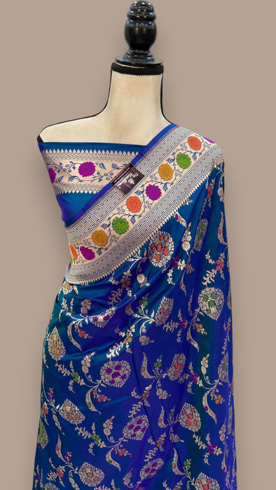 German Blue Pure Katan Silk Banarasi Handloom Saree - All over Jaal work with Meenakari