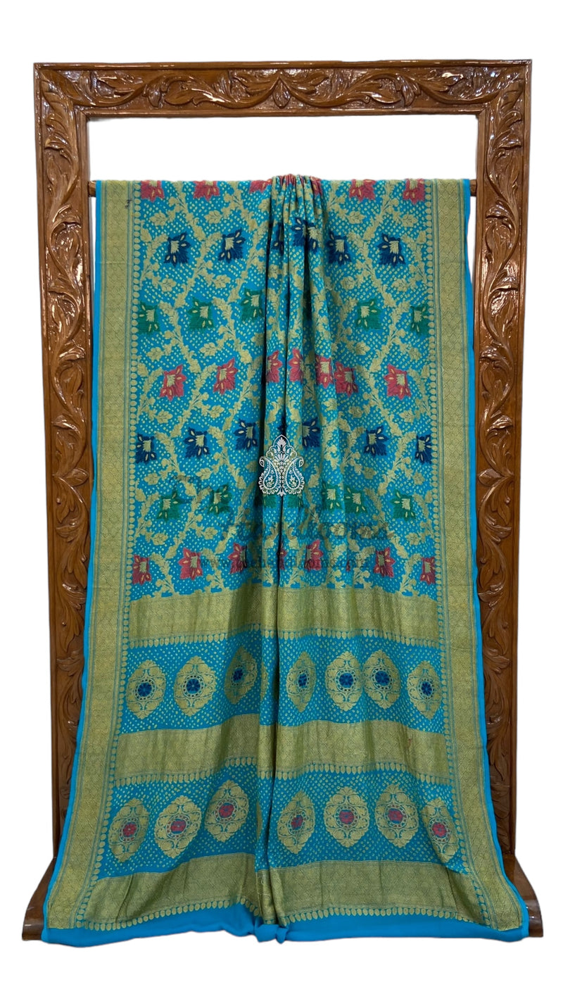 Pure Georgette Banarasi Bandhej Handloom Saree - with meenakari work - The Handlooms