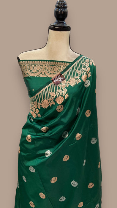 Green Pure Katan Silk Banarasi Handloom Saree - All over Kadua motifs