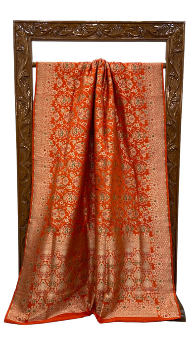 Orange Pure Katan Silk Banarasi Handloom Saree - All over Jaal work - With Meenakari