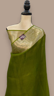 Olive Green Pure Kora Handloom Banarasi Saree - The Handlooms