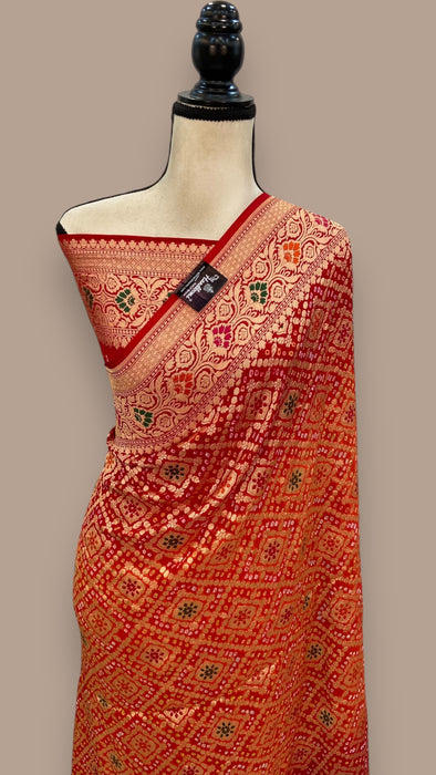 Pure Georgette Banarasi Bandhej Handloom Saree - with meenakari work