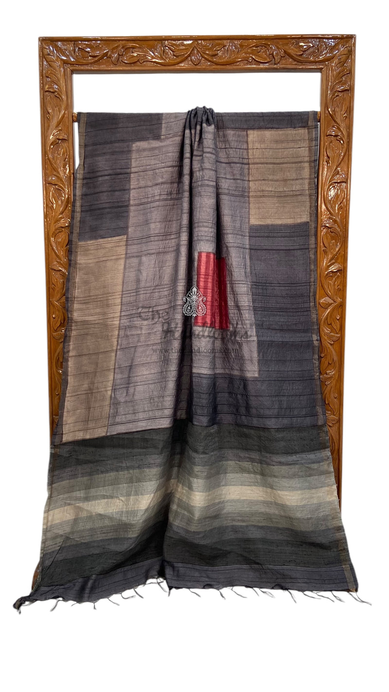 Pure Tussar Silk Handloom Banarasi Saree With Handprints - The Handlooms