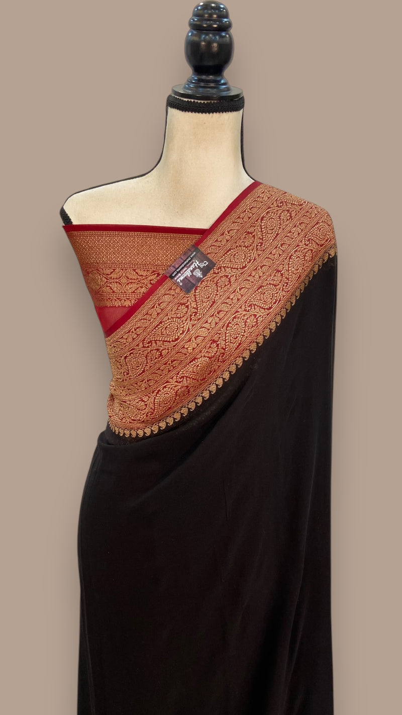 Black Pure Khaddi Georgette Handloom Banarasi Saree - The Handlooms