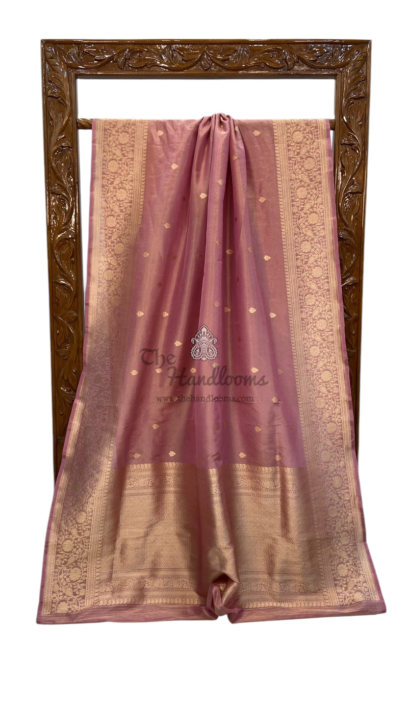 Onion Pink Pure tissue Katan Silk Banarasi Handloom Saree - All over Kadua motifs - The Handlooms