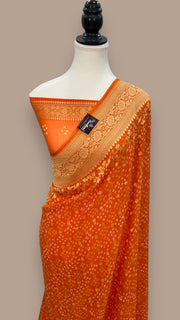 Orange Pure Georgette Banarasi Bandhej Handloom Saree - The Handlooms