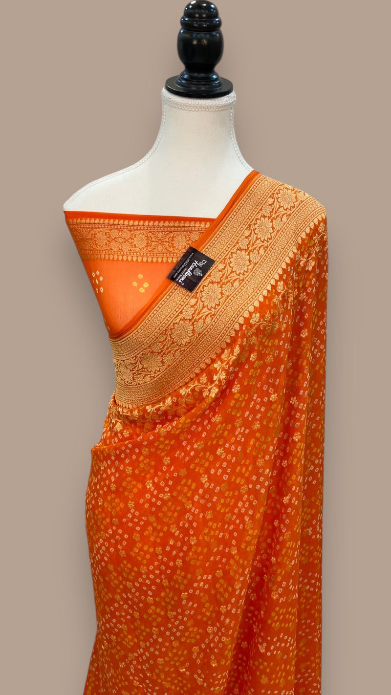 Orange Pure Georgette Banarasi Bandhej Handloom Saree - The Handlooms