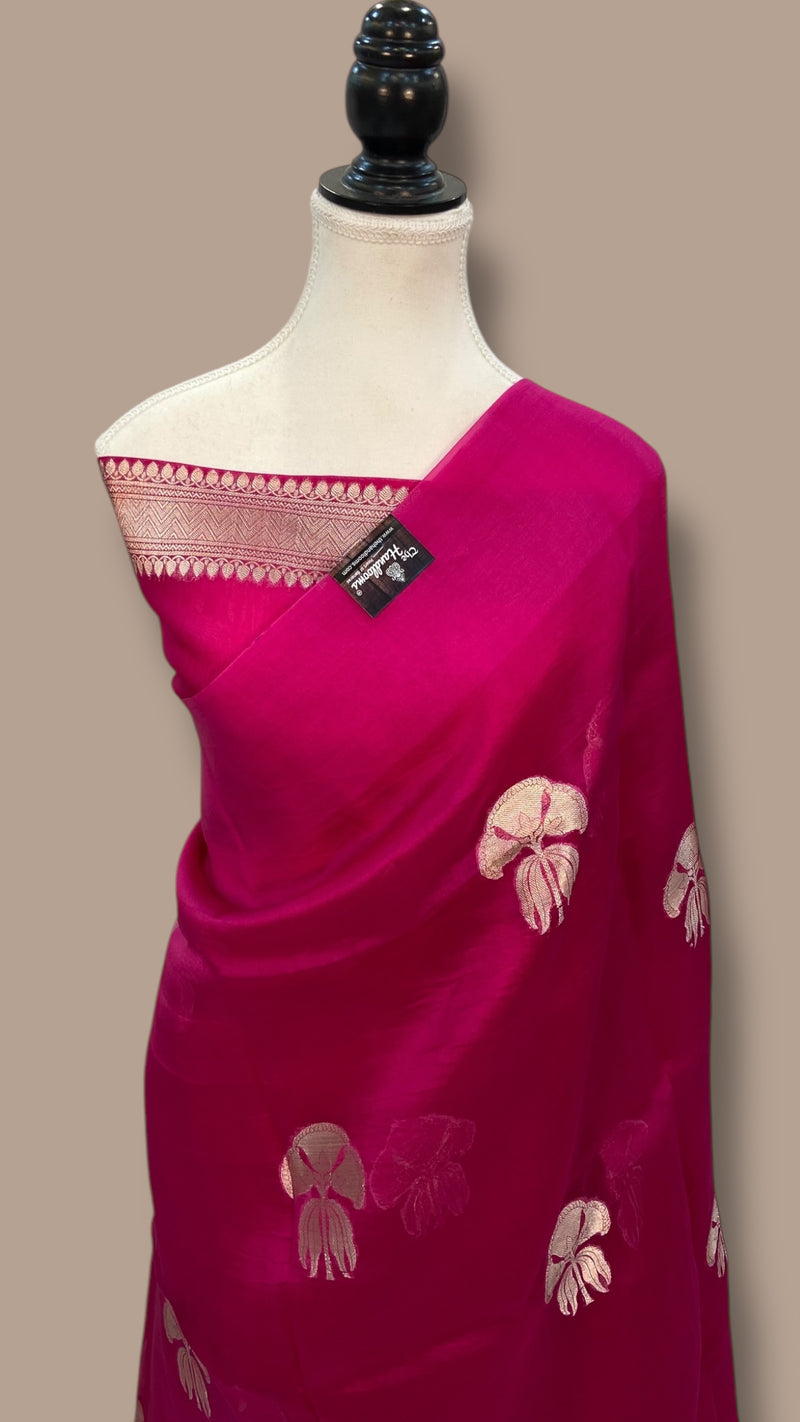 Hot Pink Pure Kora Handloom Banarasi Saree - The Handlooms
