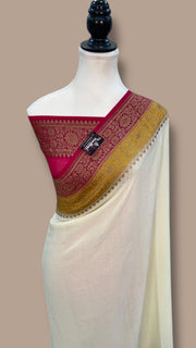 Off-white Pure Khaddi Georgette Handloom Banarasi Saree - The Handlooms