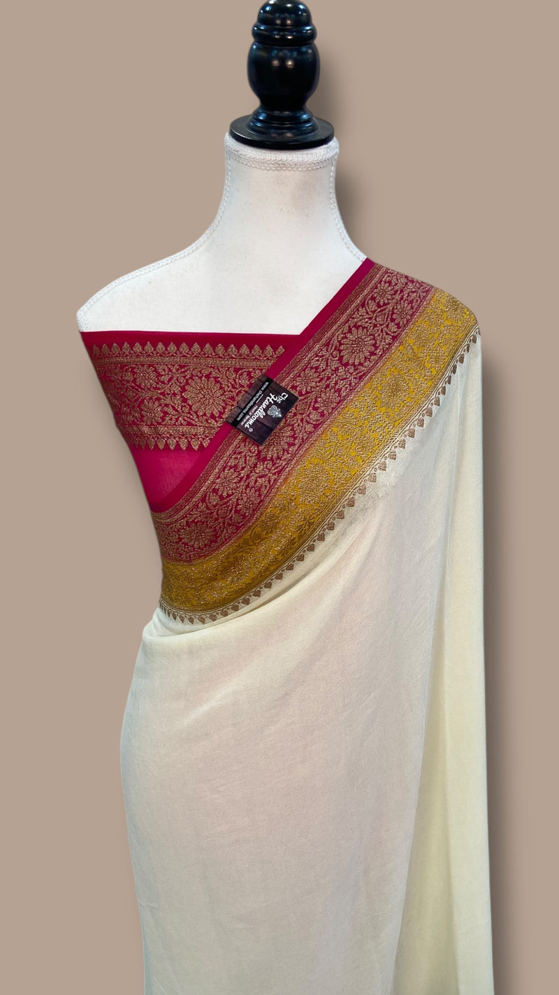 Off-white Pure Khaddi Georgette Handloom Banarasi Saree - The Handlooms