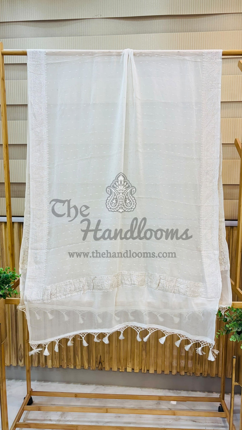 Pure Khaddi Georgette Dupatta - White silver zari - The Handlooms