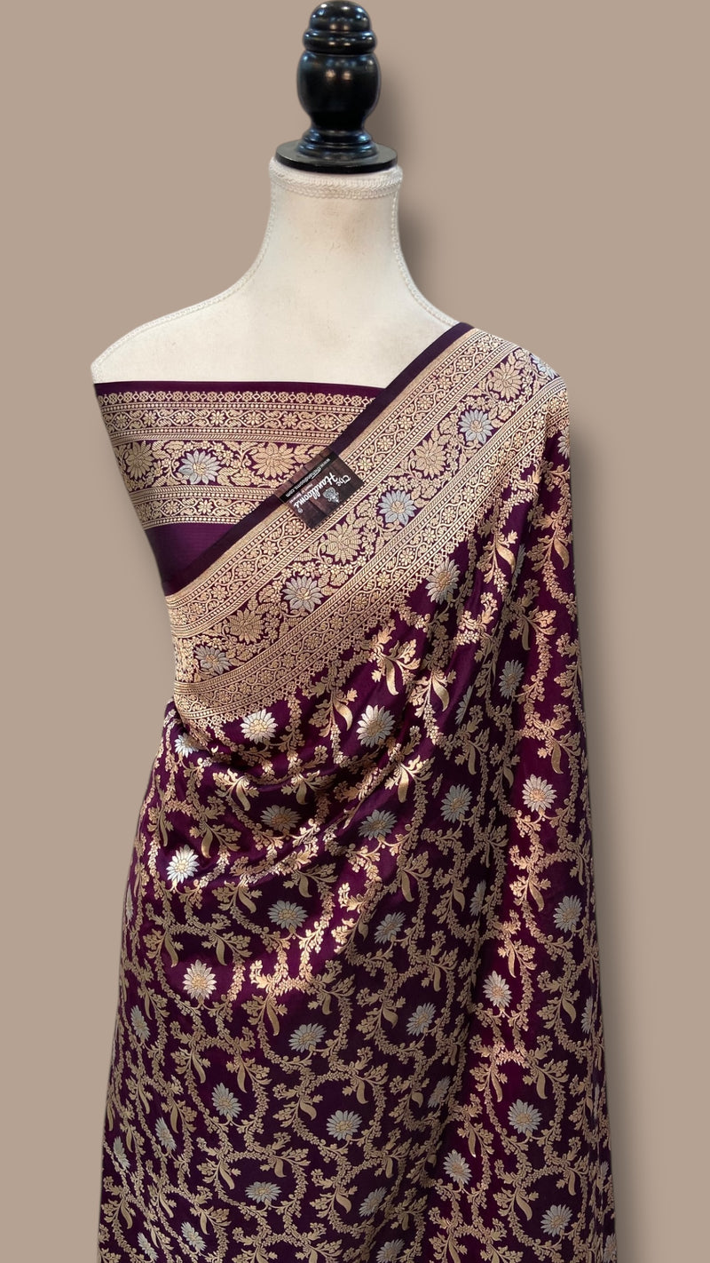 Pure Katan Silk Banarasi Handloom Saree - All over Sona Roopa Jaal Work - The Handlooms