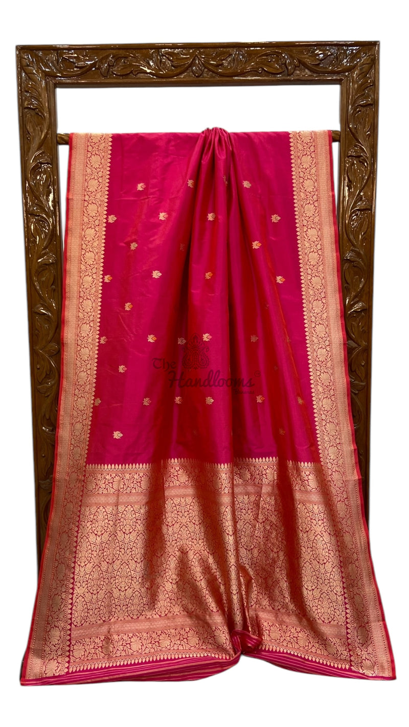 Hot Pink Pure Katan Silk Banarasi Handloom Saree - All over Kadua motifs With Meenakari - The Handlooms