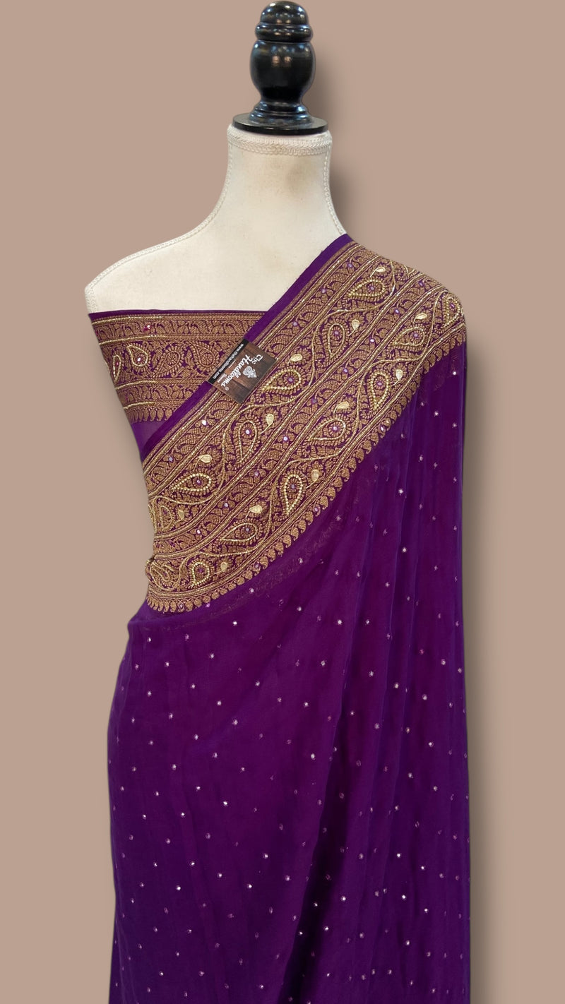 Khaddi Georgette Handloom Banarasi Saree with Handwork: Gota Patti, Zardozi, Diamond Chain, Katdana, and Abla Detailing - The Handlooms