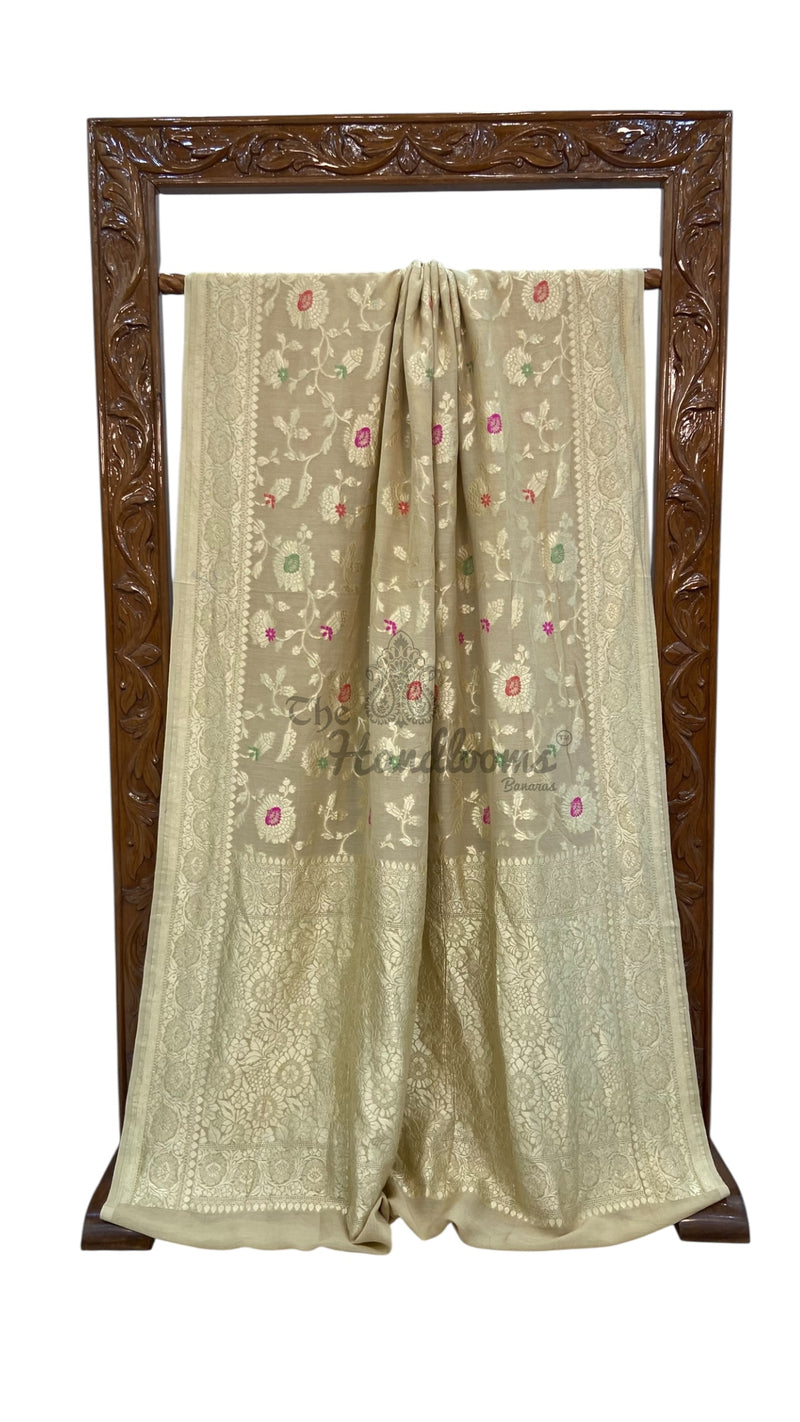 Moonga Georgette Handloom Banarasi Saree - All Over Jaal Work With Meenakari - The Handlooms