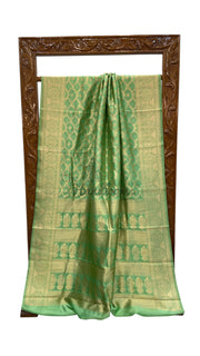 Pastel Pista Green Pure Chiniya Silk Khaddi Handloom Banarasi Saree - The Handlooms