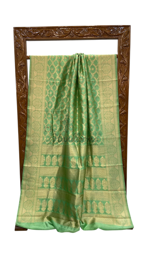 Pastel Pista Green Pure Chiniya Silk Khaddi Handloom Banarasi Saree - The Handlooms