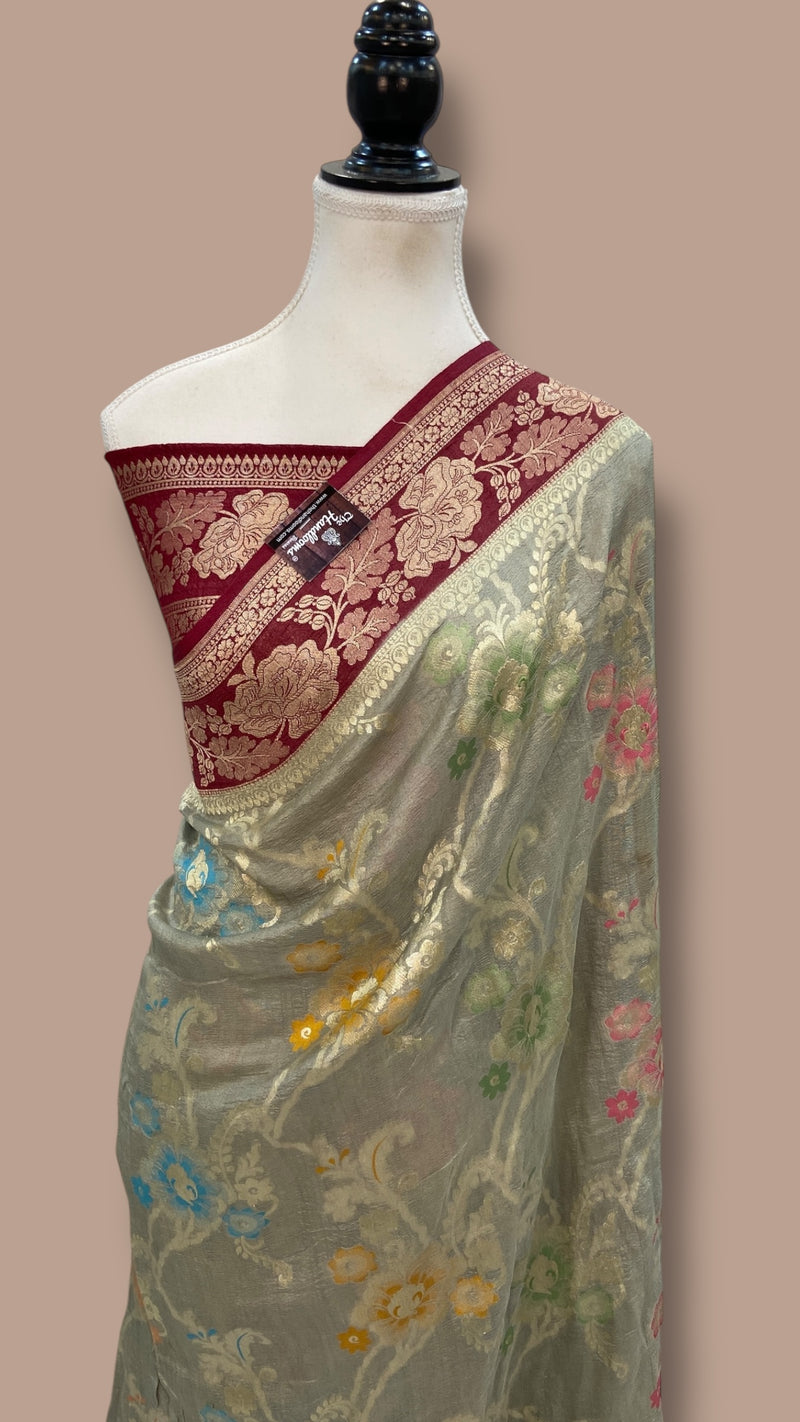 Tussar Georgette Handloom Banarasi Saree - All Over Jaal work With Meenakari - The Handlooms
