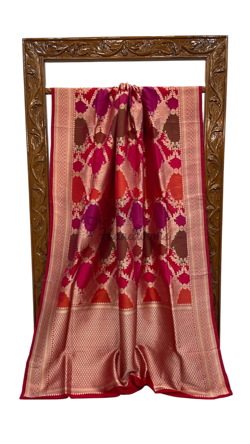 Multicolor Pure Katan Silk Banarasi Handloom Saree - All over Jaal Work With Rangkart - The Handlooms