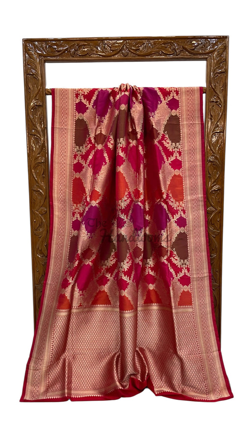 Multicolor Pure Katan Silk Banarasi Handloom Saree - All over Jaal Work With Rangkart - The Handlooms