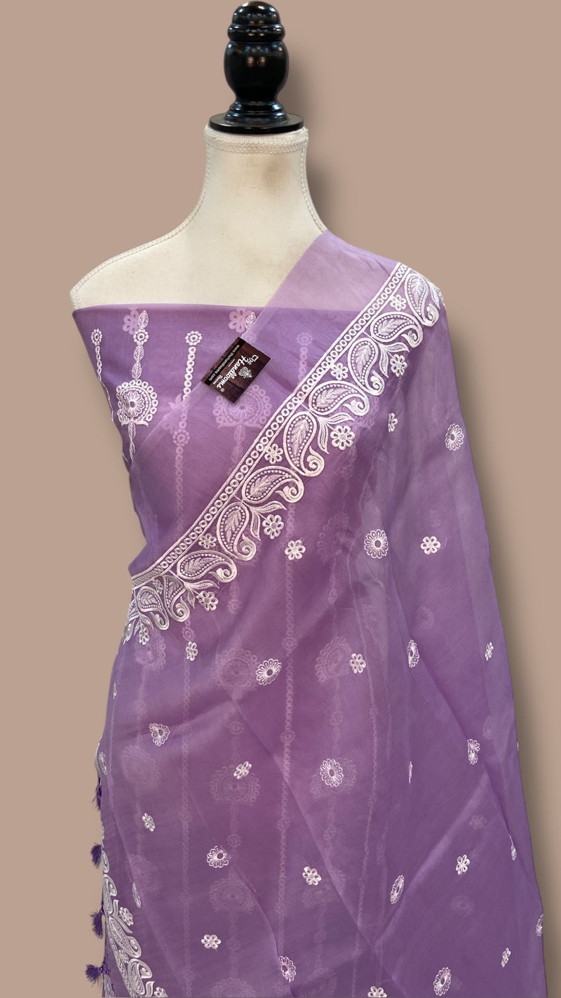 Pure Organza Chikankari Handloom Banarasi Dress Material - The Handlooms