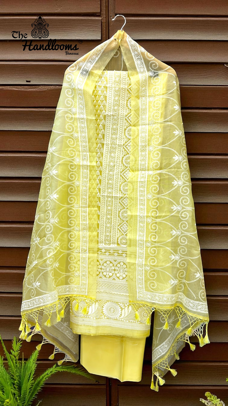 Pure Organza Chikankari Handloom Banarasi Dress Material - The Handlooms