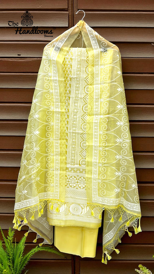 Pure Organza Chikankari Handloom Banarasi Dress Material - The Handlooms