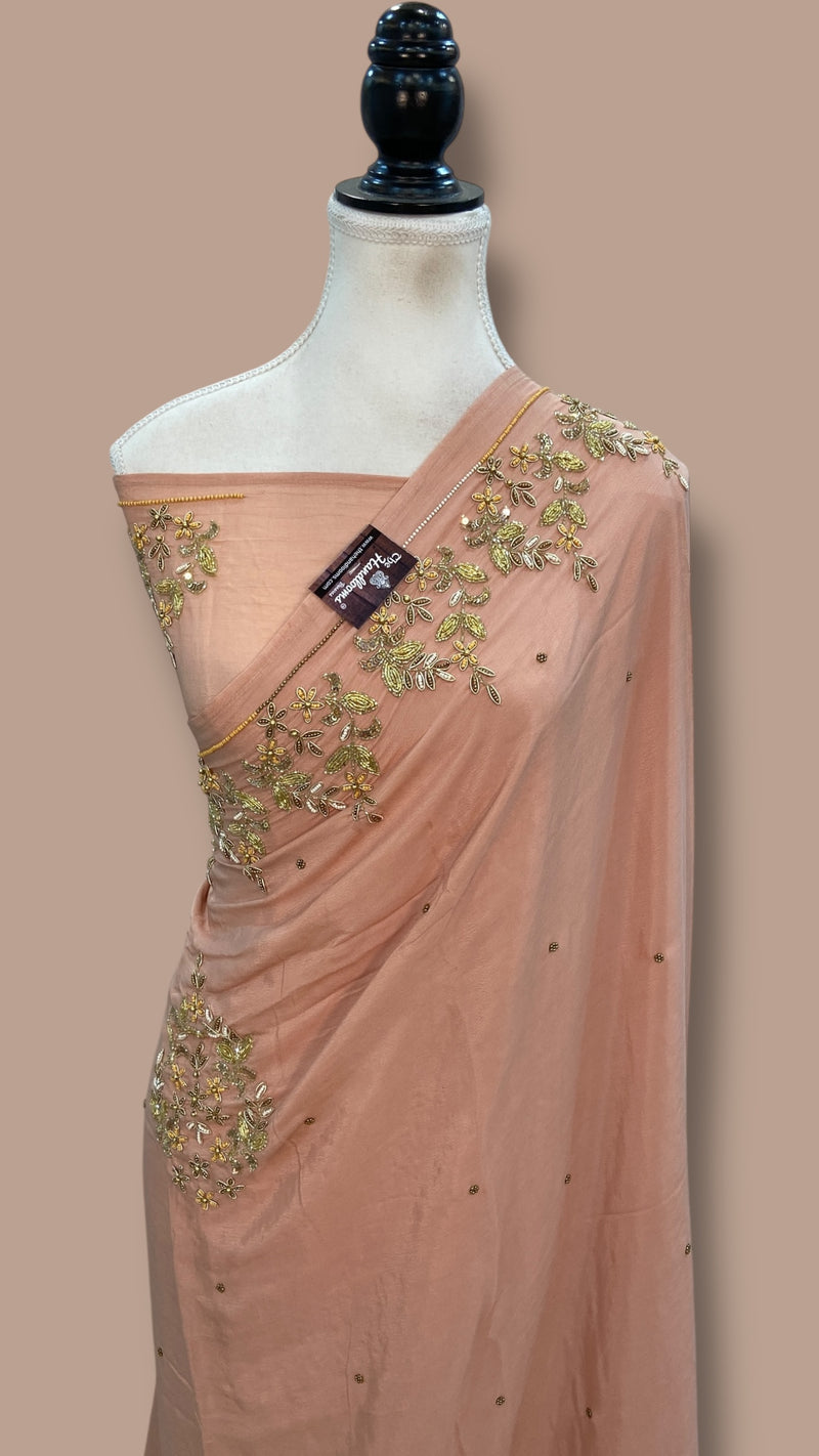 Pure Crepe Georgette Handloom Banarasi Saree with Handwork: Zardozi, Diamond Chain and Katdana - The Handlooms