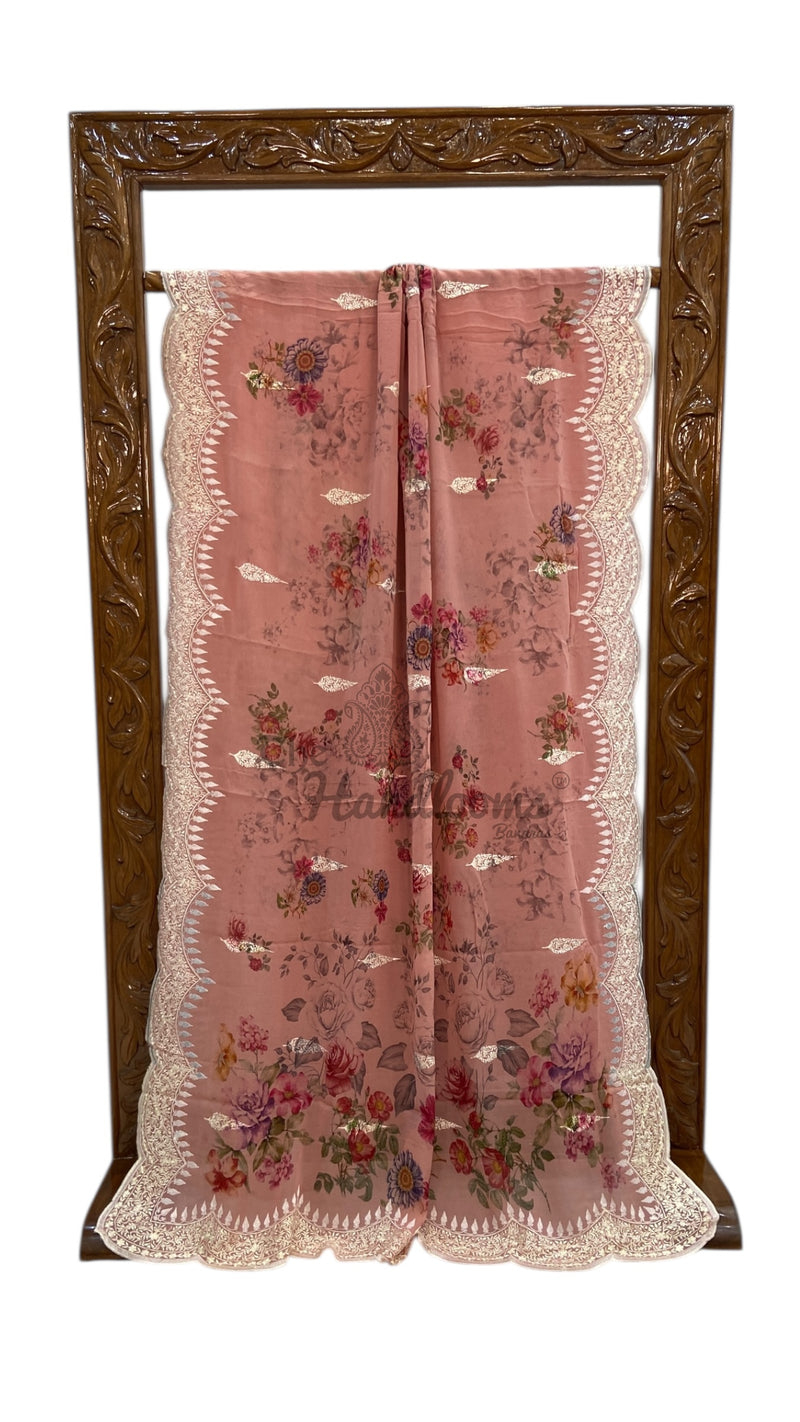 Pure Georgette Handloom Banarasi Saree - Digital Print With Chikankari