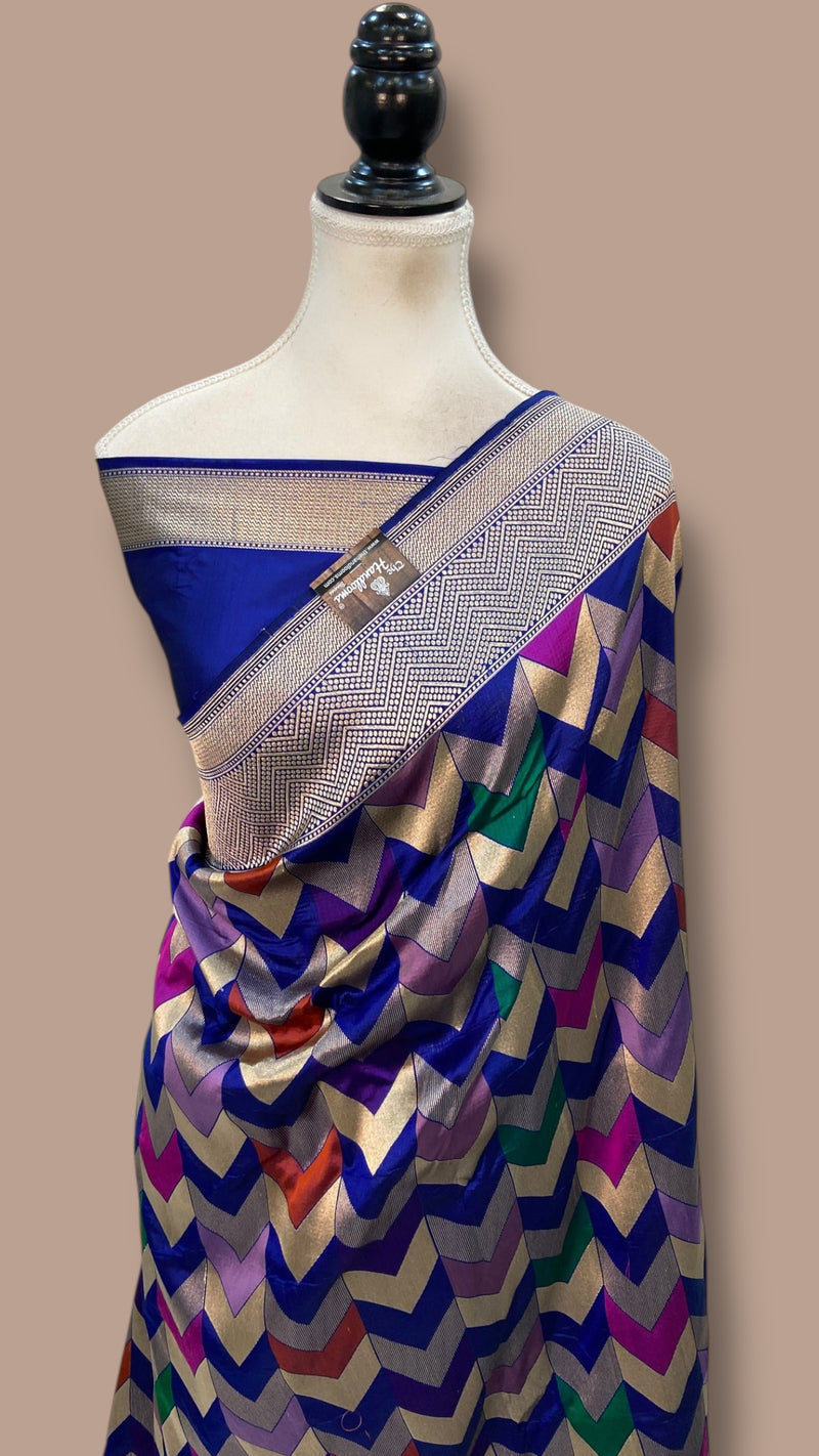 Multicolor Pure Katan Silk Banarasi Handloom Saree - All over Jaal Work With Rangkart
