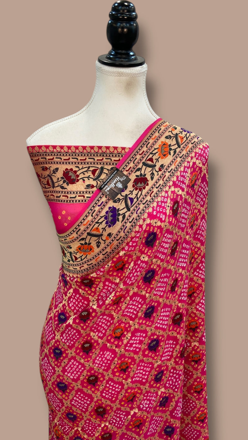 Pure Georgette Banarasi Bandhej Handloom Saree - Meenakari - The Handlooms
