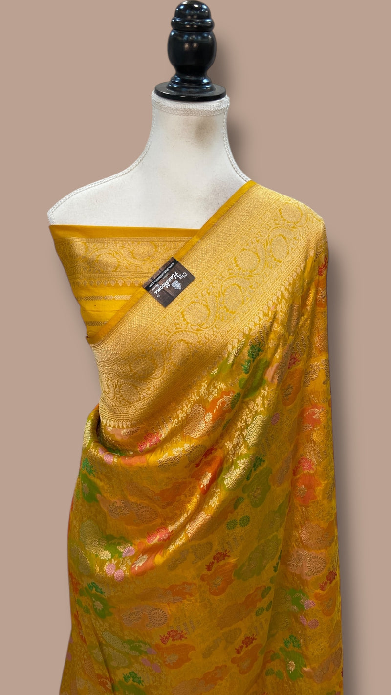 Multicolor Pure Katan Silk Banarasi Handloom Saree - All over Jaal Work With Rangkart - The Handlooms