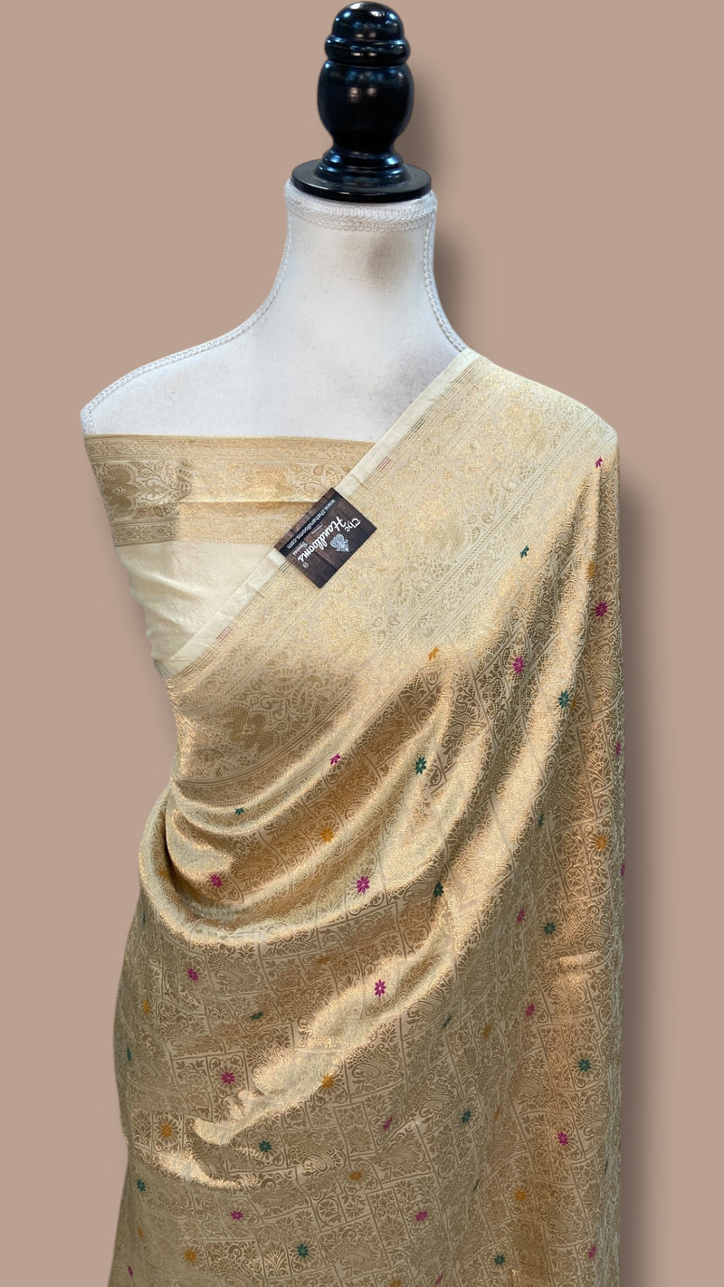 Regal Pure Katan Silk Banarasi Saree – Handwoven Tanchui Brocade with Meenakari Work - The Handlooms