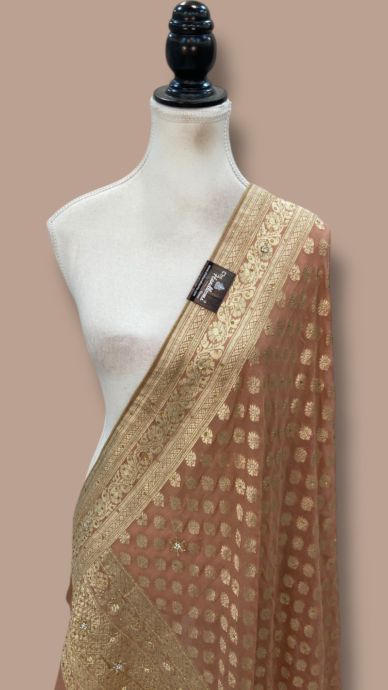 Pure Khaddi Georgette Handloom Dupatta With Zardosi Handwork - The Handlooms