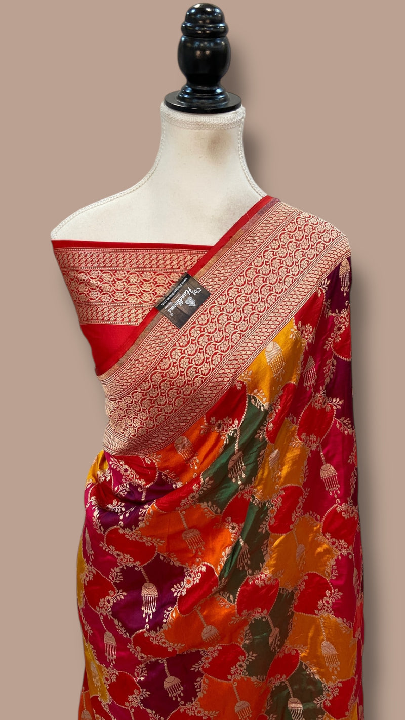 Multicolor Pure Katan Silk Banarasi Handloom Saree - All over Jaal Work With Rangkart - The Handlooms