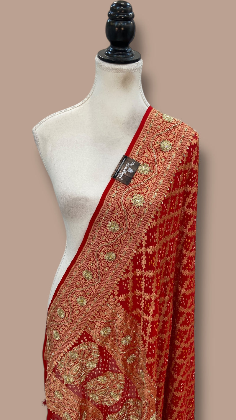 Pure Georgette Banarasi Bandhej Handloom Dupatta With Handwork - The Handlooms