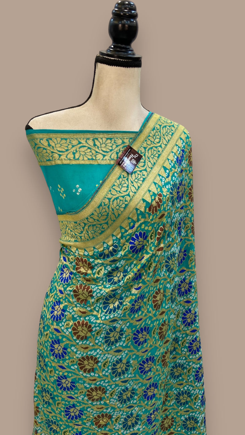 Pure Georgette Banarasi Bandhej Handloom Saree - with meenakari work - The Handlooms