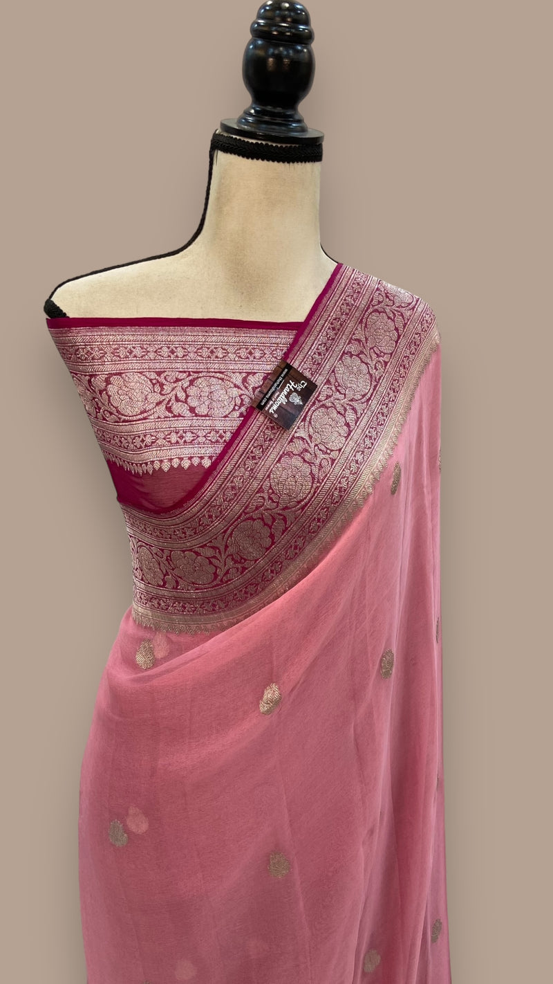 Pink Pure Georgette Handloom Banarasi Saree - The Handlooms