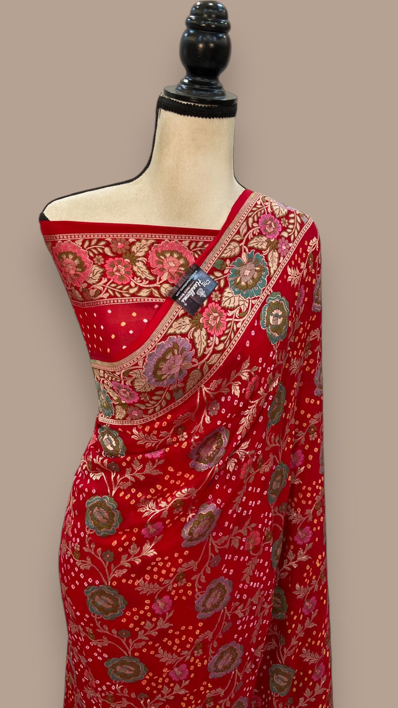 Pure Georgette Banarasi Bandhej Handloom Saree - with meenakari work - The Handlooms