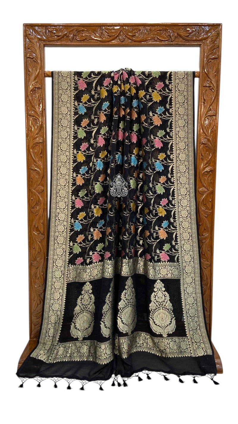 Khaddi Georgette Handloom Banarasi Saree - All over Jaal Work With Meenakari - The Handlooms