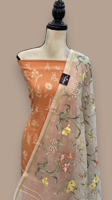 Pure Chanderi Cotton Banarasi Dress material - Chikankari With Organza Dupatta